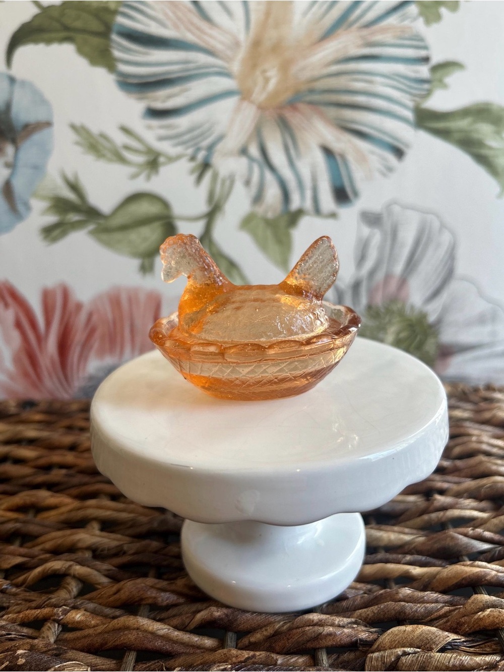 Peach Amber Glass Hen on Nest Trinket Dish Chicken Salt Cellar Cottage Decor